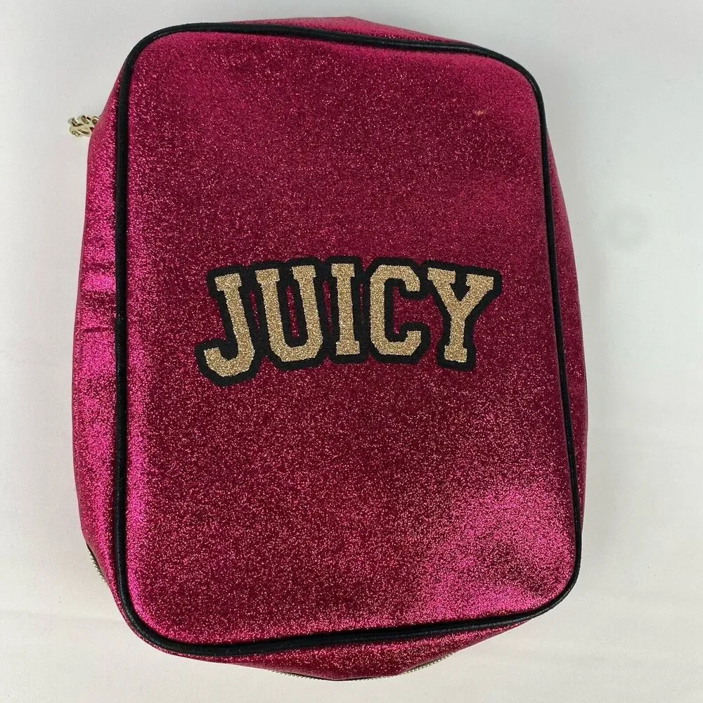 JUICY COUTURE Soft Cosmetic Case Large Zip Around‎ Bag Pockets Raspberry Sparkle